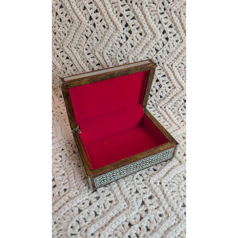 Vintage Mosaic Marquetry Wood Jewelry Box Mother of Pearl Inlay Keepsake